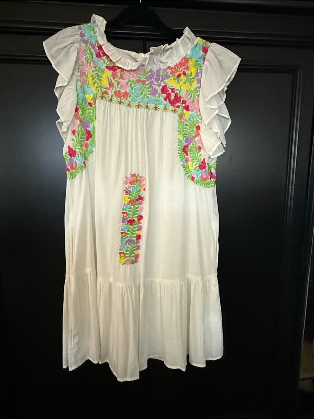 J. Marie Women’s White Ruffle Dress with Multicolor Floral Embroidery